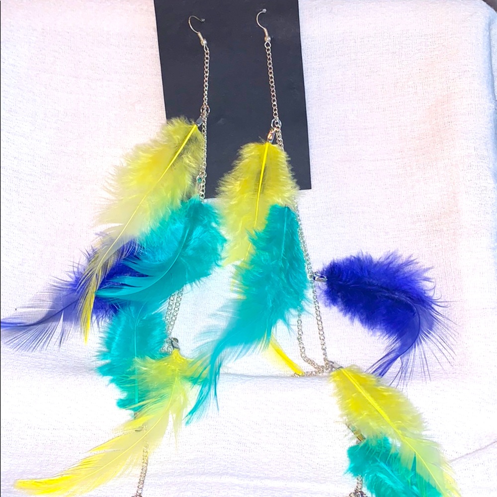Very long feather dangle earrings